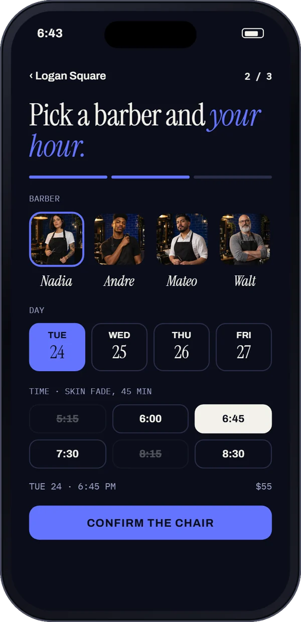 The Blue Hour app: pick a barber, a day and a time