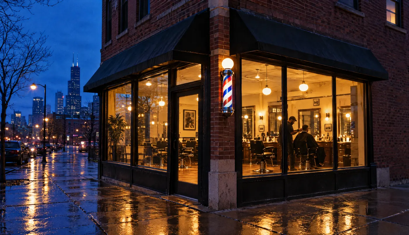 The Blue Hour storefront at dusk, warm light in the windows and a barber pole turning